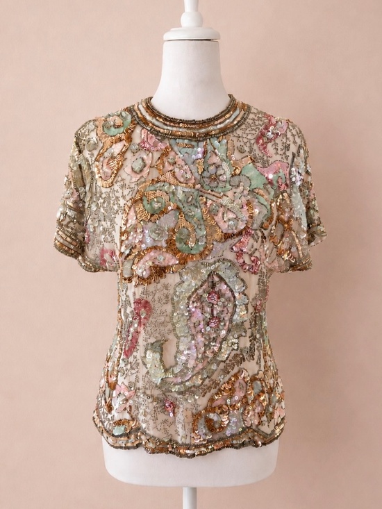 Oleg Cassini Tops - Rare Black Tie Oleg Cassini Vintage Beaded Sequin Silk Evening Top Small